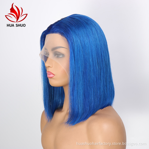 Huashuo Short Bob T-part Transparent Lace Frontal Wig Human Hair Lace Wig,  Middle Part Color Bob Lace Wig